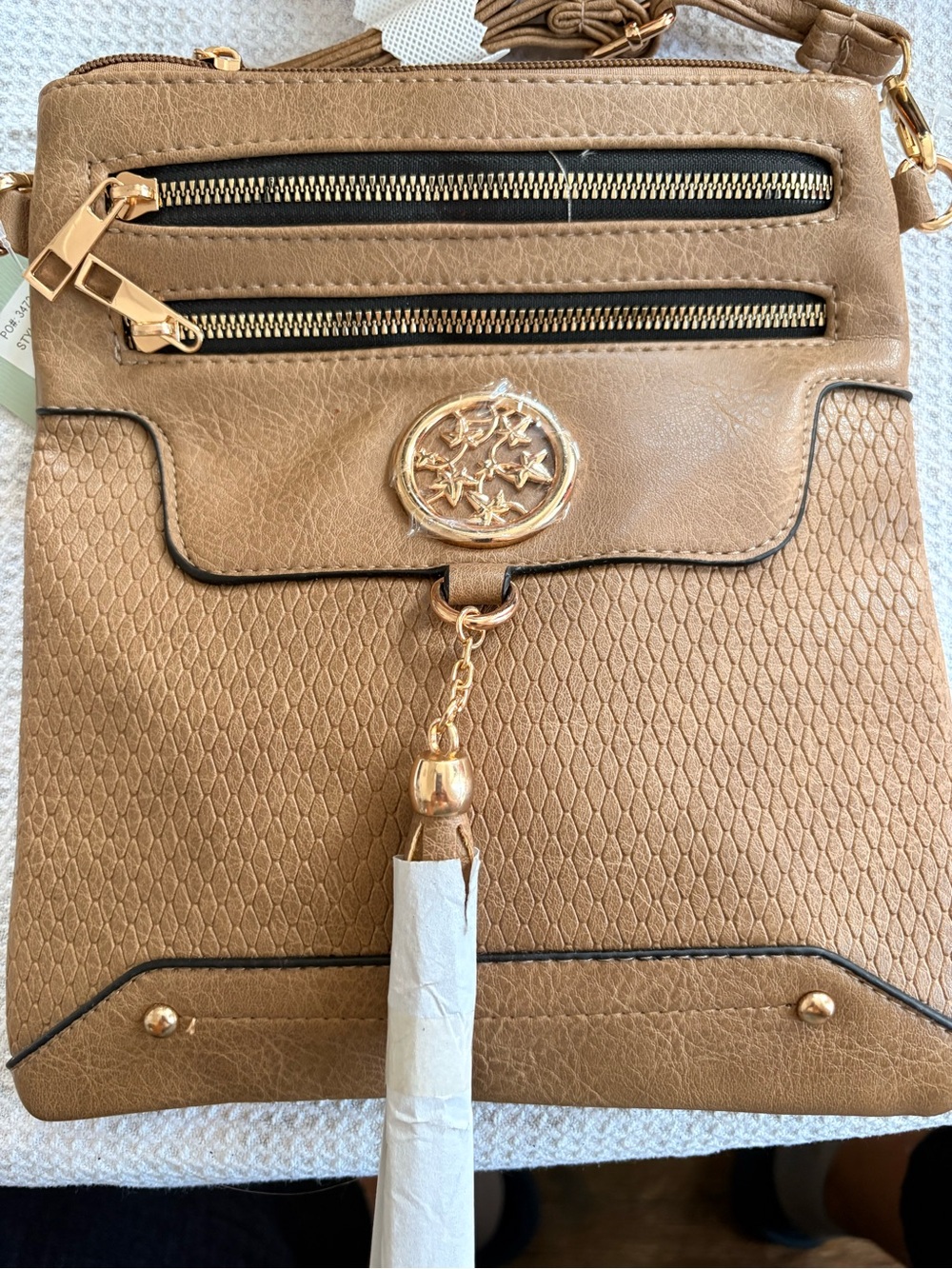 Women's Tan Textured Crossbody Bag with Gold Accent Tassel